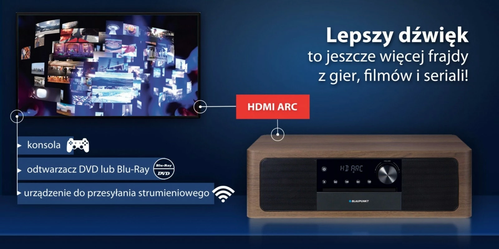 Mikro HiFi, Blaupunkt MS22BT, Bluetooth, HDMI ARC, CD/MP3/USB/AUX, barva lesa