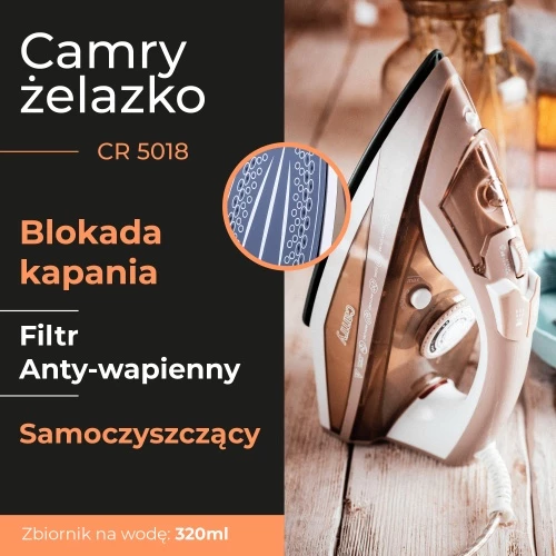 Parni likalnik, 3000 W, keramična likalna plošča, rezervoar 320 ml, kabel 1,9 m, zlata, Camry CR5018