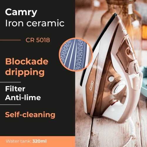 Parni likalnik, 3000 W, keramična likalna plošča, rezervoar 320 ml, kabel 1,9 m, zlata, Camry CR5018