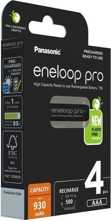 Polnilne baterije AAA Eneloop Pro 930 mAh, Panasonic, 4 kosi, črne