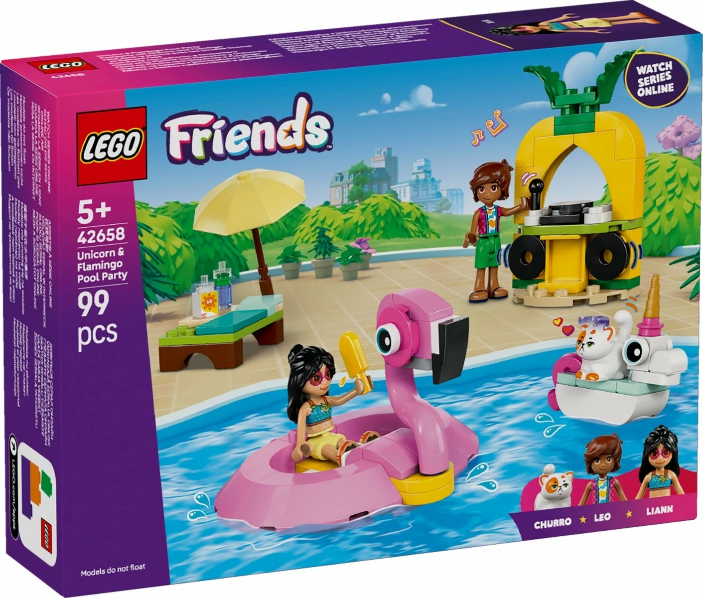 Zabava ob bazenu z enorogom in flamingom, komplet za gradnjo LEGO Friends 42658, 99 delov