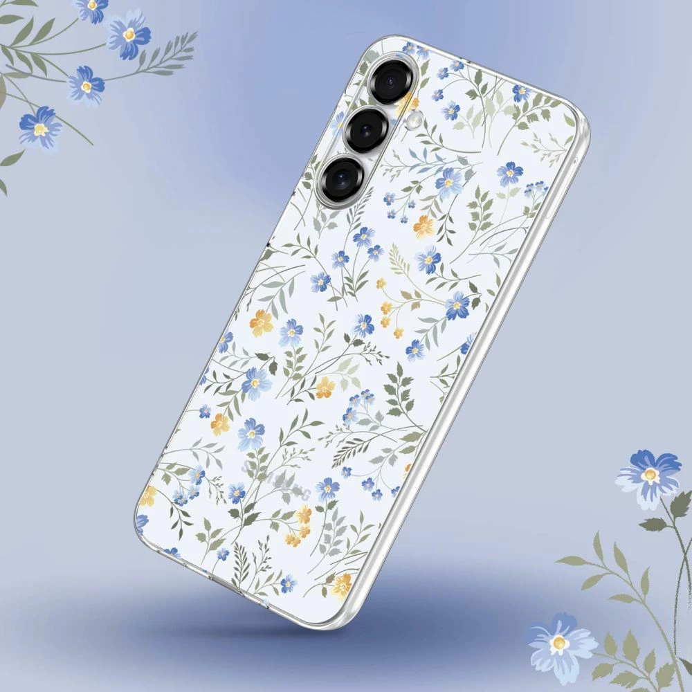 Prozoren zaščitni ovitek Tech-Protect FlexAir za Samsung Galaxy S25, Daisies with Leaves, bel/prozoren
