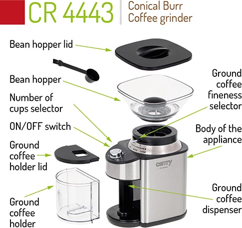 Mlinček za kavo s koničnim brusnim mehanizmom, Camry CR 4443, 200 W, 16 stopenj mletja, posoda 230 g, nerjaveče jeklo, srebrno/črn