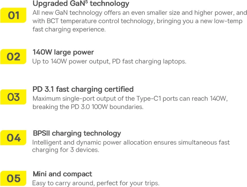 Hiter polnilec Baseus GaN5 Pro, 140 W, 2x USB-C + USB-A, EU, črn