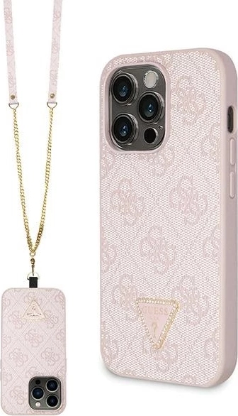 Crossbody ovitek z 4G metalnim logotipom Guess za iPhone 15 Pro 6,1", rožnat
