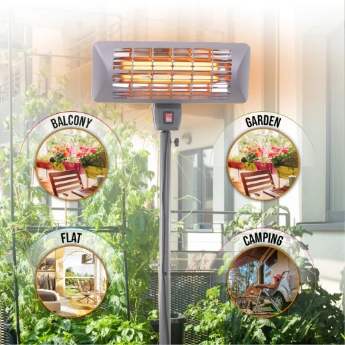 Stoječi grelec za teraso Adler Camry CR 7737, 1000/2000 W, kvarčni grelci, IP24, 14 m², višina 157–202 cm, siv