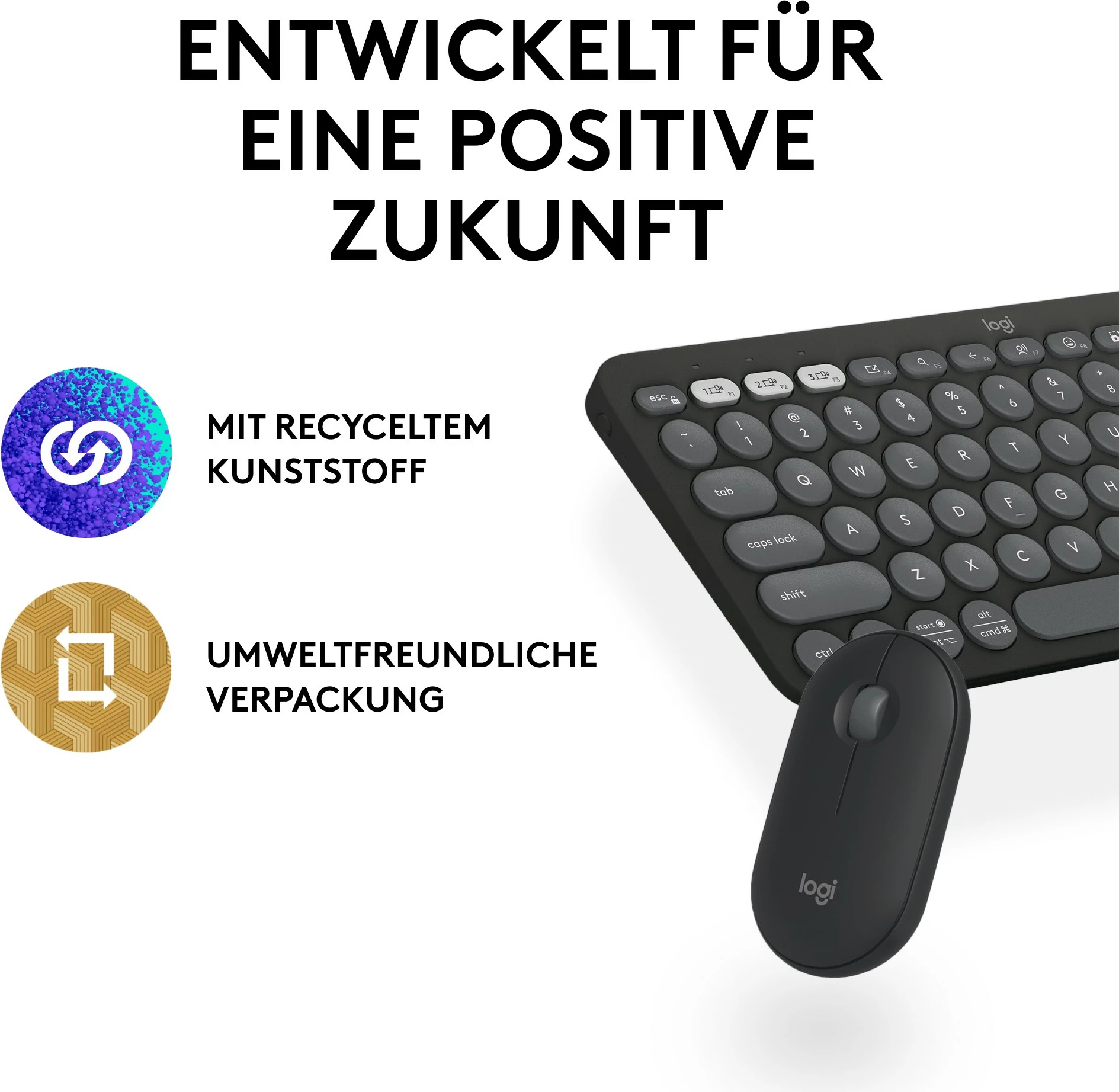 Set miške in tipkovnice, Logitech Pebble 2 Combo 920-012203, brezžično, Bluetooth, QWERTZ, grafit