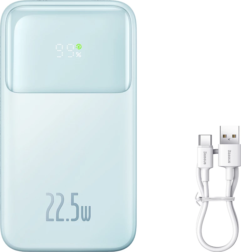 Powerbank, 10.000 mAh, 22,5 W, z zaslonom, USB-C/Lightning/USB-A, modra – Baseus Comet Series PPMD020003 + kabel USB-A na USB-C 0,3 m, bel