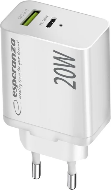 Hitri polnilec 20W, Quick Charge 3.0, 1x USB-A, 1x USB-C, Esperanza EZC105W, bel