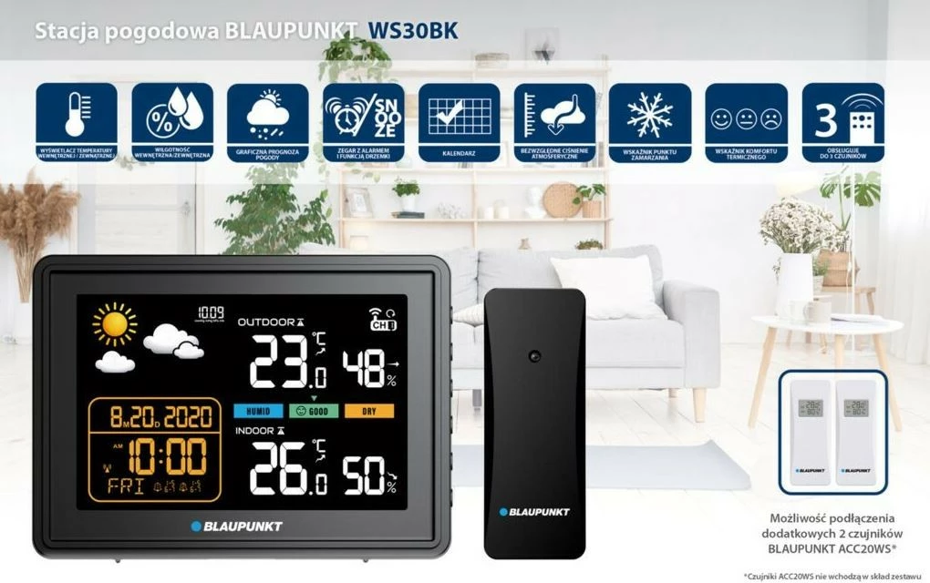 Vremenska postaja Blaupunkt WS30BK, z zunanjim senzorjem, LCD zaslon, črna