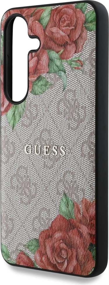 Ovitek za telefon z rožnim potiskom, MagSafe — Guess Leather 4G, kovinski klasični logotip, za Samsung Galaxy S25, rožnat