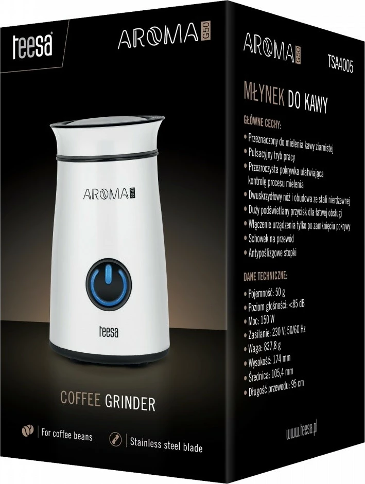 Mlinček za kavo TEESA Aroma G50, 50 g, 150 W, bel