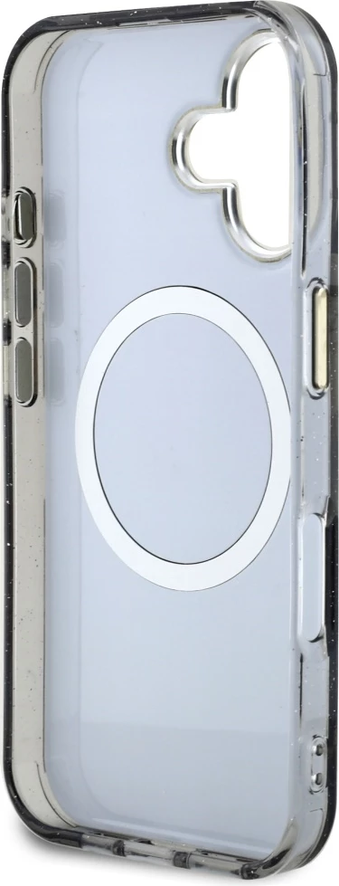 Ovitek za telefon z bleščicami in cvetličnim vzorcem MagSafe za iPhone 16, črn, Guess