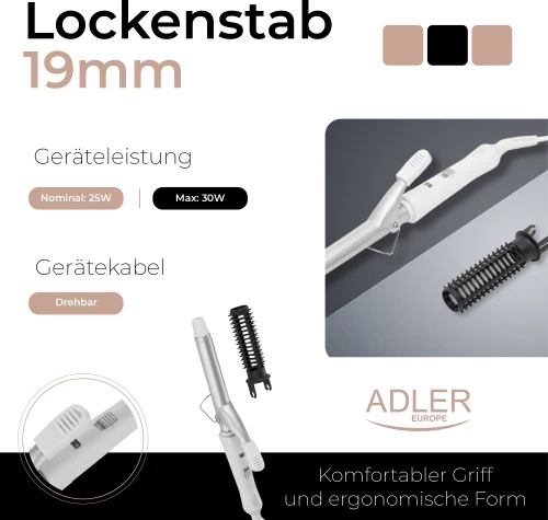 Kodralnik za lase Adler AD 2105, 19 mm, keramičen, 25 W, hitro PTC ogrevanje, z krtačo, bel/srebrn