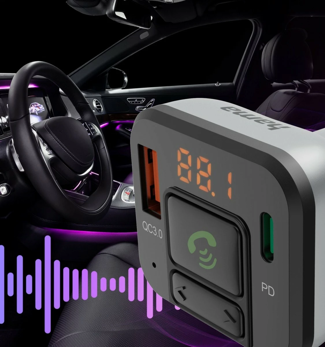 Bluetooth FM predvajalnik, polnilec 20W Hama 14169, srebrn
