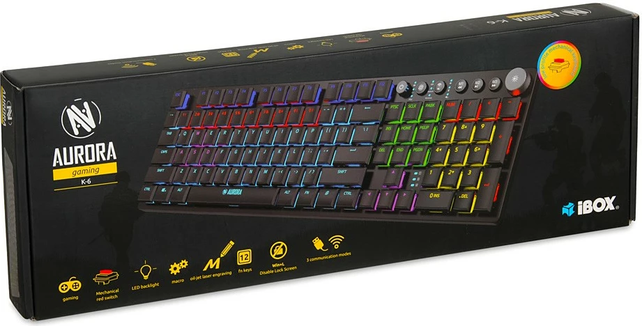 Mehanska igralna tipkovnica iBOX Aurora K-6, LED, žična/brezžična, črna