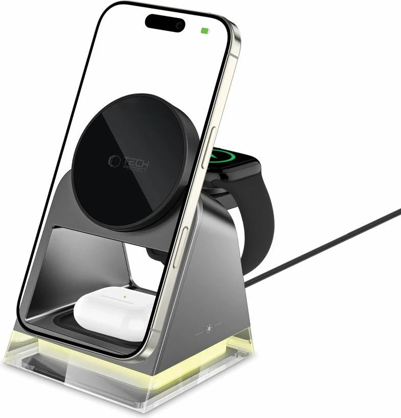 Brezžični polnilec 3-v-1 z MagSafe Tech-Protect QI15W-A43, za Apple, črn