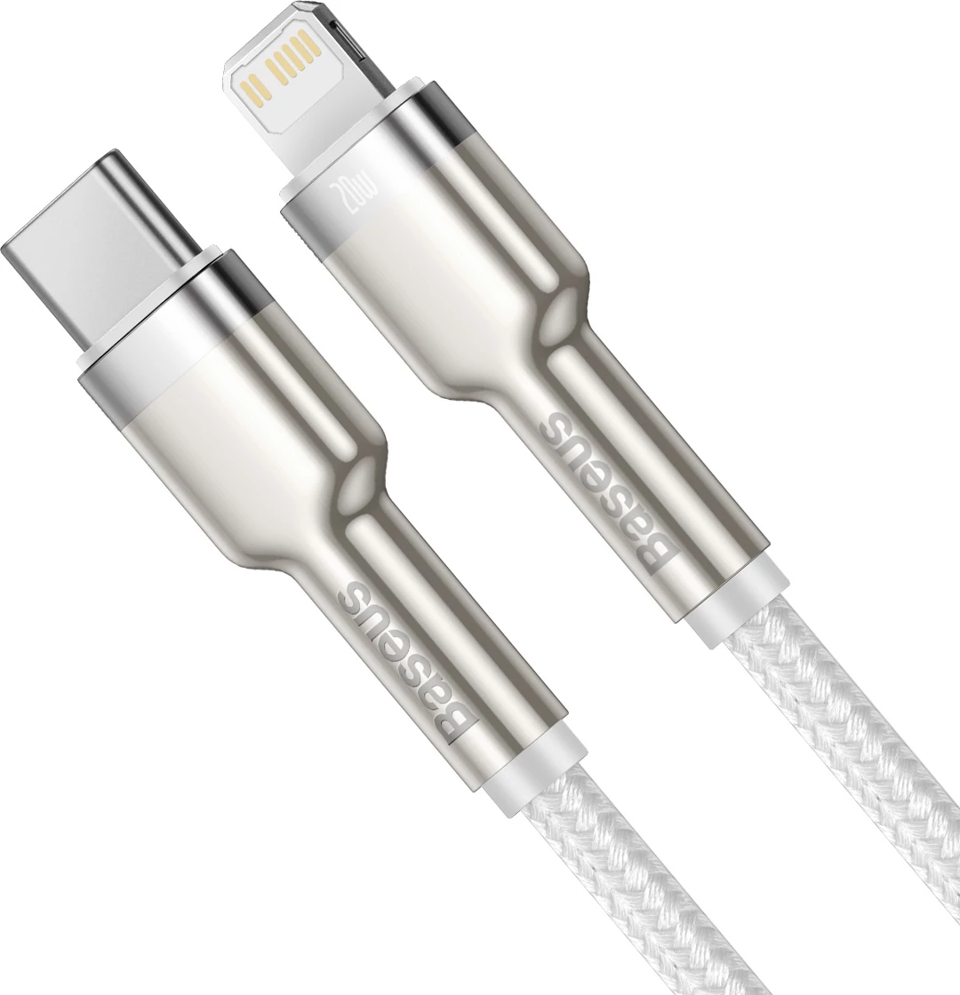 Kabel za hitro polnjenje in prenos podatkov Baseus Cafule Series Metal, USB-C na Lightning, 1 m, 20 W, bel