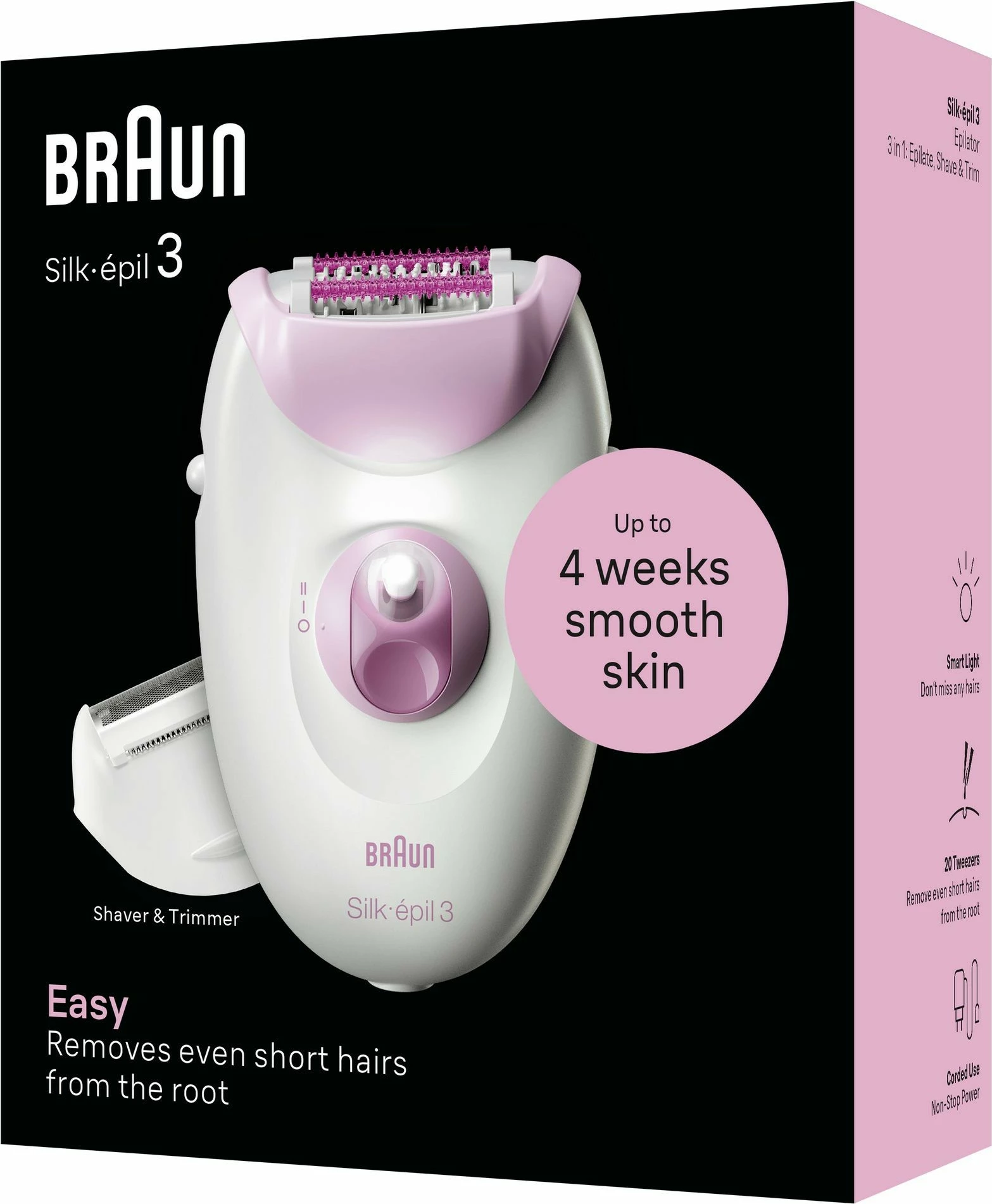 Epilator Silk-épil 3 3-031, 20 pincet, lučka, trimer, roza/bel Braun
