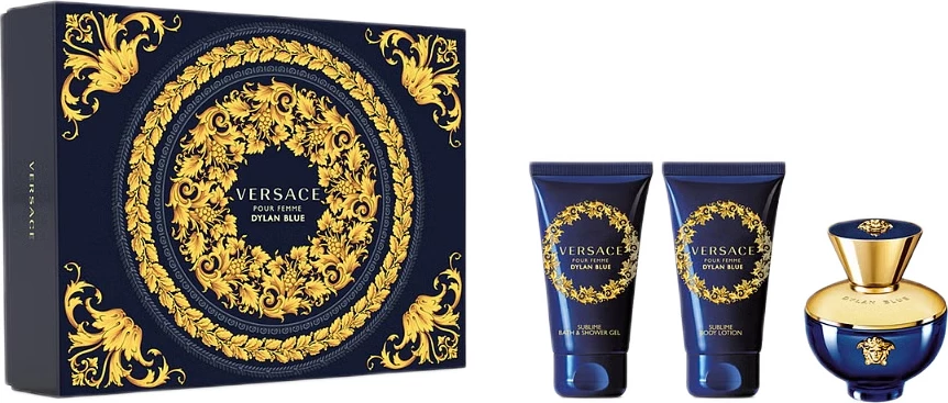 Darilni set parfuma Pour Femme Dylan Blue, Versace 50 ml + gel za prhanje 50 ml + losjon za telo 50 ml