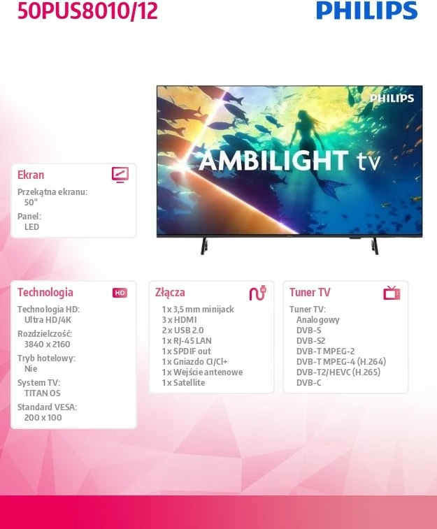 LED televizor 50 inč Ultra HD 4K Ambilight, Philips 50PUS8010/12, črn