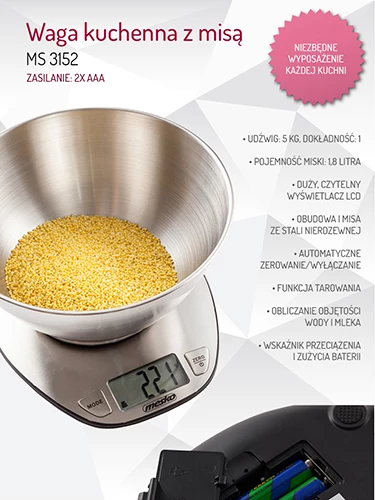 Kuhinjska tehtnica Adler MS 3152, 5 kg, natančnost 1 g, posoda 2 L, nerjaveče jeklo, INOX