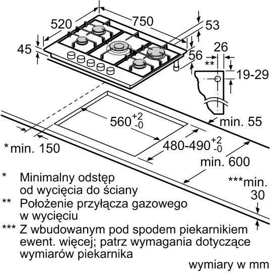 Plošča na plin, 5 kuhališč Bosch PGQ7B5K90, siva