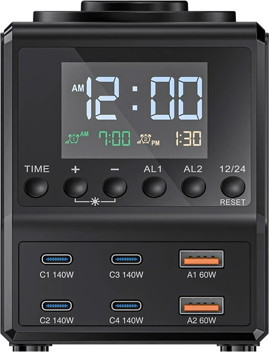 Budilka s polnilno postajo 10‑v‑1, BlitzWolf BW-FW10, 4x USB-C + 2x USB-A, 2 brezžični polnili (telefon 15W + pametna ura 5W), PD 3.1 do 240W, črna