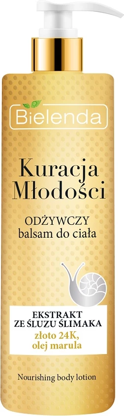 Hranilni balzam za telo za ženske z izvlečkom sluzi polža, 24K zlatom in oljem marula, Bielenda Youthful Nourishing Body Balm, 400 ml