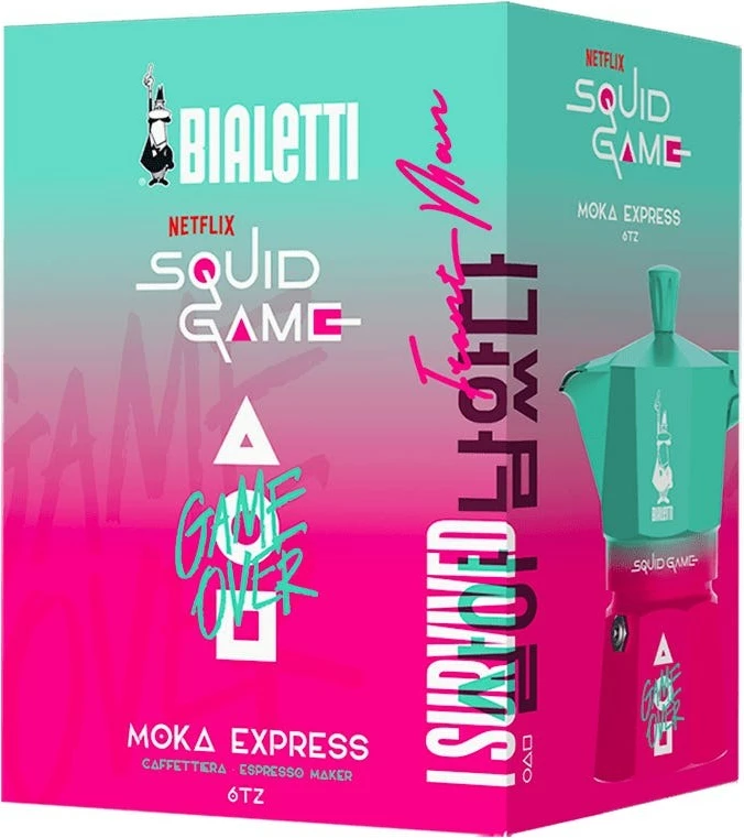 Moka aparat z dizajnom Squid Game, Bialetti Moka Express, 6 skodelic, alumin, modro/roza