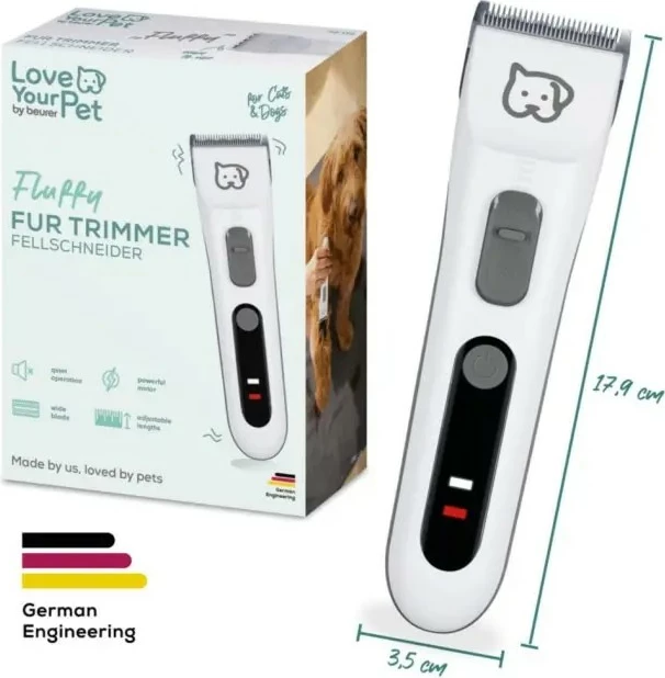 Strižnik za pse in mačke Beurer PP110, nastavitev 0,6–25 mm, rezilo iz nerjavečega jekla, Li-ion baterija 4 ure, za uporabo z ali brez kabla, komplet 9-delni, belo/siv