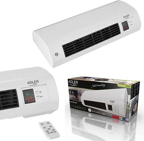 Grelna zračna zavesa za stensko montažo Adler AD 7714, max. 2200 W, 2 stopnji 1000/2000 W, keramični element, termostat 7–38 °C, tedenski časovnik, daljinski upravljalnik, bela