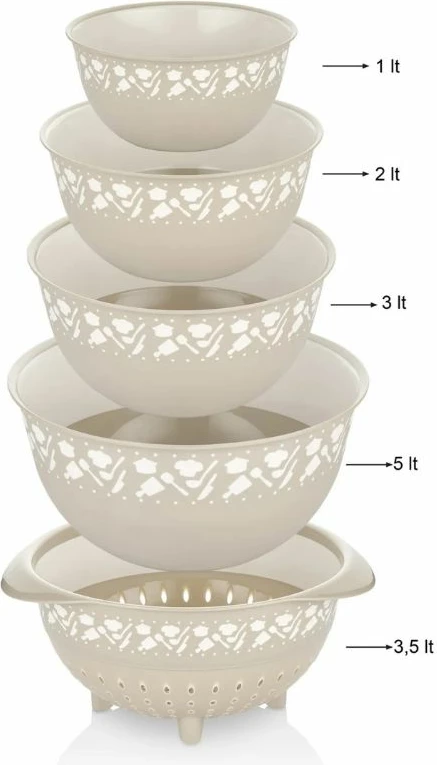 Komplet mešalnih in cedilnih posod, Hermia PZR-021, krem, 5 kosov