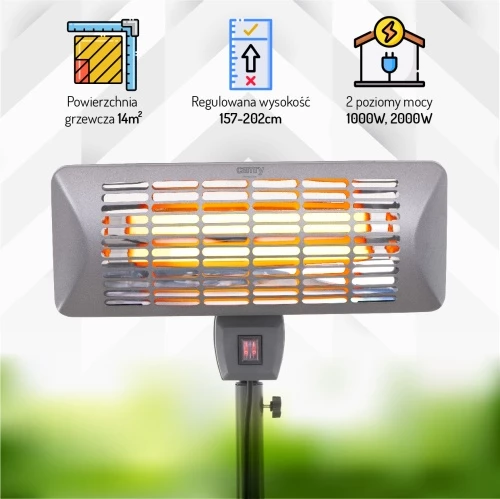 Stoječi grelec za teraso Adler Camry CR 7737, 1000/2000 W, kvarčni grelci, IP24, 14 m², višina 157–202 cm, siv