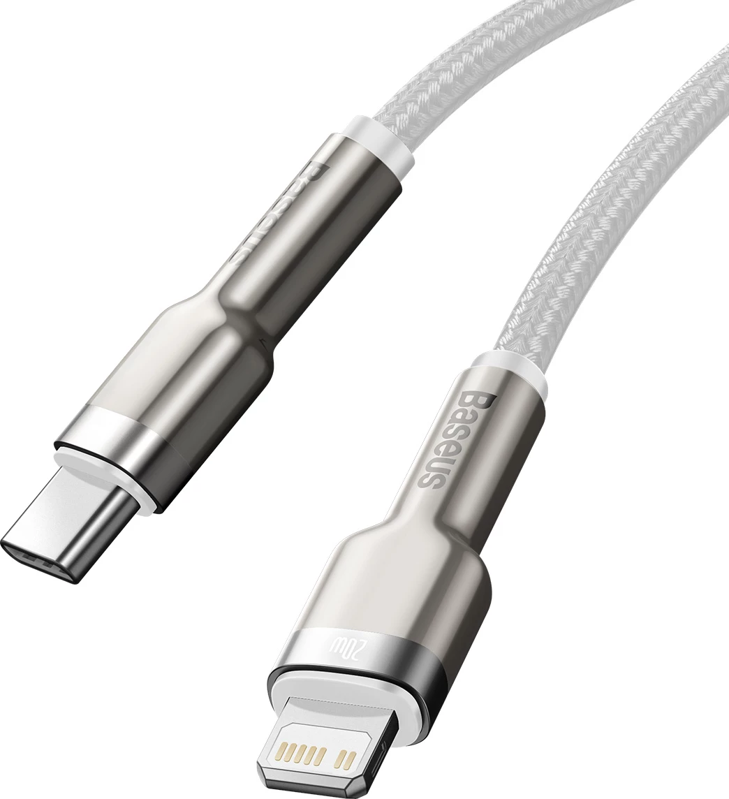 Kabel za hitro polnjenje in prenos podatkov Baseus Cafule Series Metal, USB-C na Lightning, 1 m, 20 W, bel