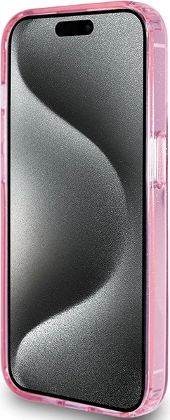 Ovitek za telefon z obročem in bleščicami MagSafe za iPhone 15 Pro, Guess Ring Stand Script Glitter, rožnat