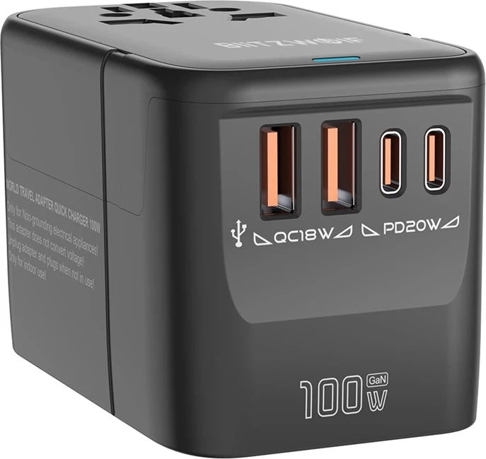 Potovalni adapter 5-v-1 BlitzWolf BW-TA2, 2x USB-A 20W, 2x USB-C 18W, 1x USB-C PD 100W, črn