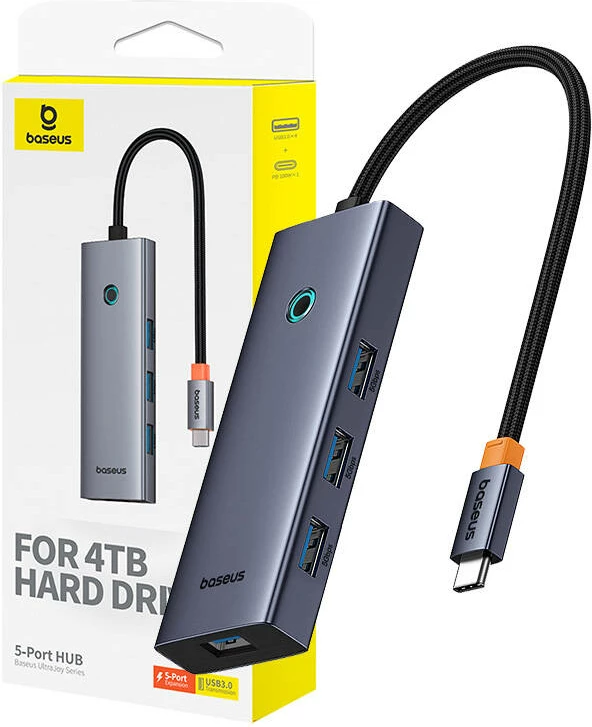 Kompakten USB hub 5-v-1 Baseus UltraJoy BS-OH149, 4x USB 3.0 + USB-C PD 100W, siv