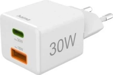 Mini polnilec, Hama PD/QC, 2x USB-A, 30 W, bel