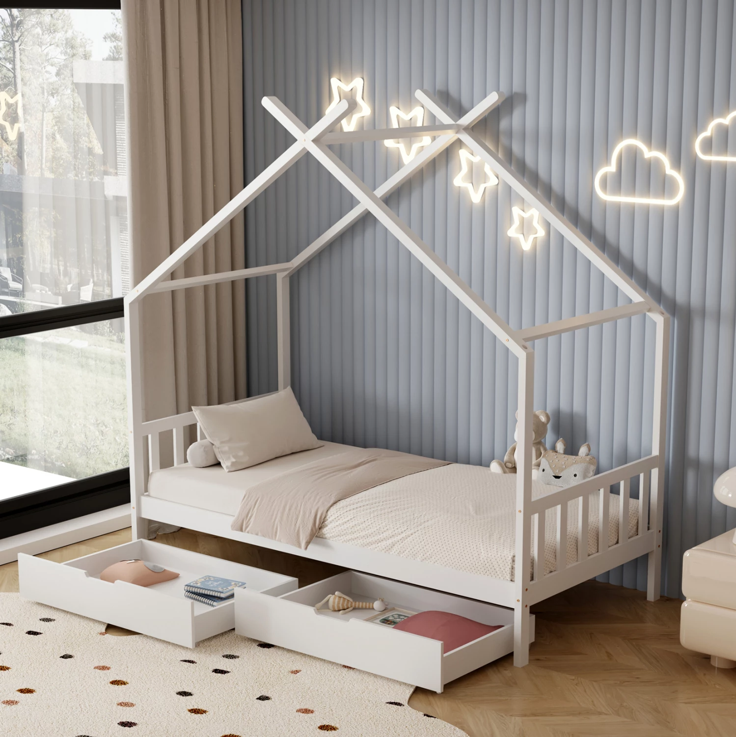 Postelja za otroke Klarice FH680.03 t.Montessori - 2 predala - masivni borov les v beli barvi - 190x90 cm