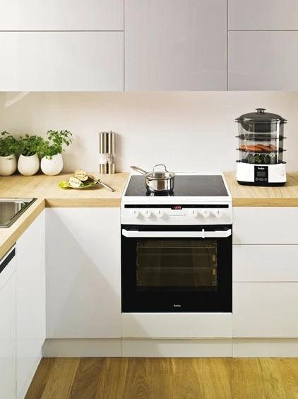 Parnik za zdravo kuhanje Amica PT3011 Lunaris, 3,3 L, 3 posode, bel/črn