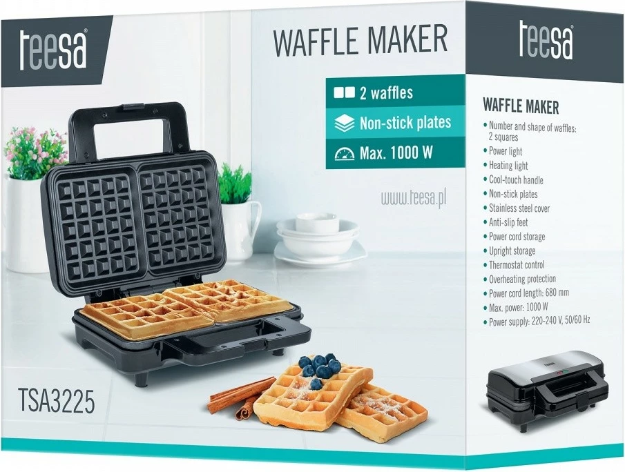 Aparat za vaflje TEESA tsa3225, 1000 W, teflon, črn/inox, 2 vaflja