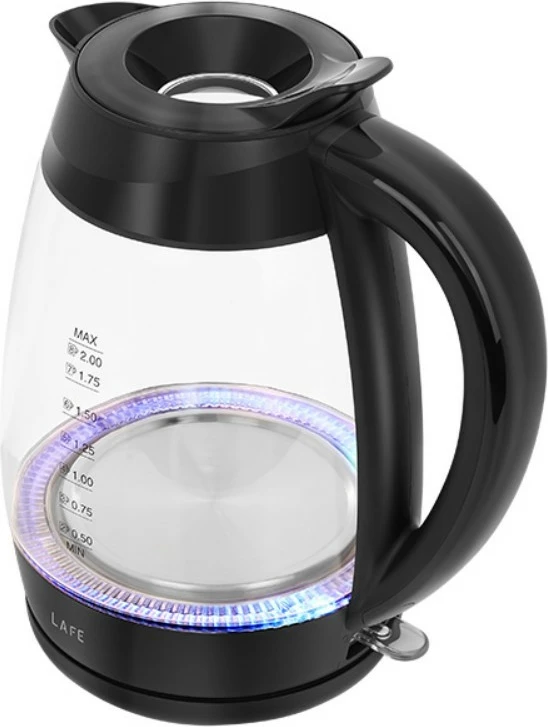 Kuhalo za vodo, električno, 2 L, 2200 W, stekleno, osvetljen merilec nivoja, filter usedlin, vrtljiva podlaga — Lafe Essential XL LAFCZA47573, črno/prozorno