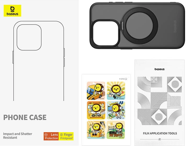 Ovitek za telefon z držalom, kaljenim steklom in kompletom za čiščenje, Baseus SkyRing Magnetic za iPhone 14 Pro Max, črn