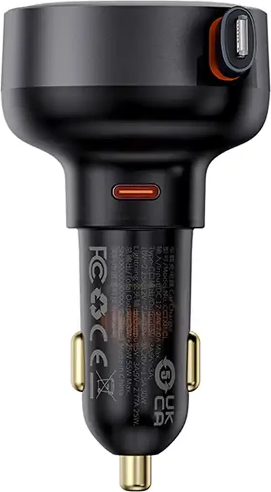 Avtomobilski polnilec Baseus Enjoyment Pro z vgrajenima kabloma Lightning in USB-C, 55W, črn