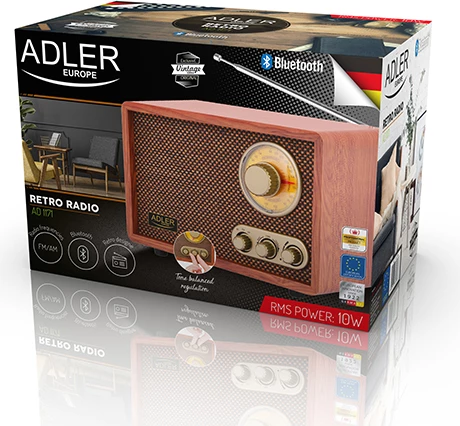 Retro radio Adler AD 1171, Bluetooth 5.0, AM/FM, zvočnik 3.0" 1 W RMS, barva lesa