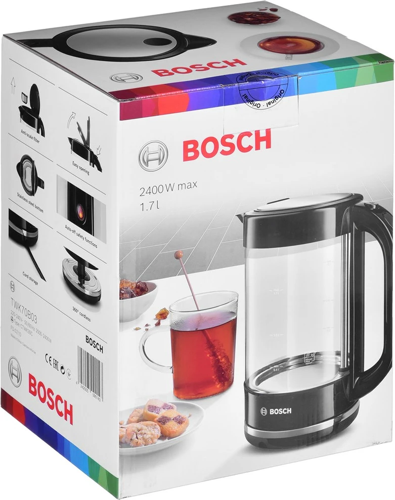 Električni kuhalnik vode, Bosch TWK70B03, 1,7 L, 2400 W, črn/ prozoren