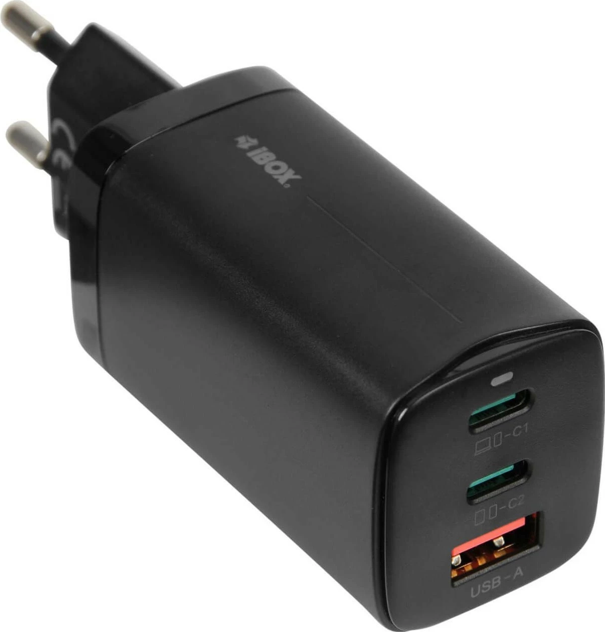 Hitri polnilec GaN 65W PD3.0/QC4.0+ iBOX ILUC65B, 2x USB-C, 1x USB-A, USB-C kabel 1,5 m, črn