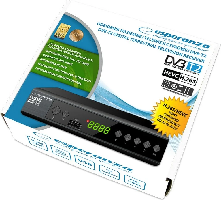 Digitalni dekoder DVB-T2 H.265/HEVC Esperanza, z daljinskim upravljalnikom, črn