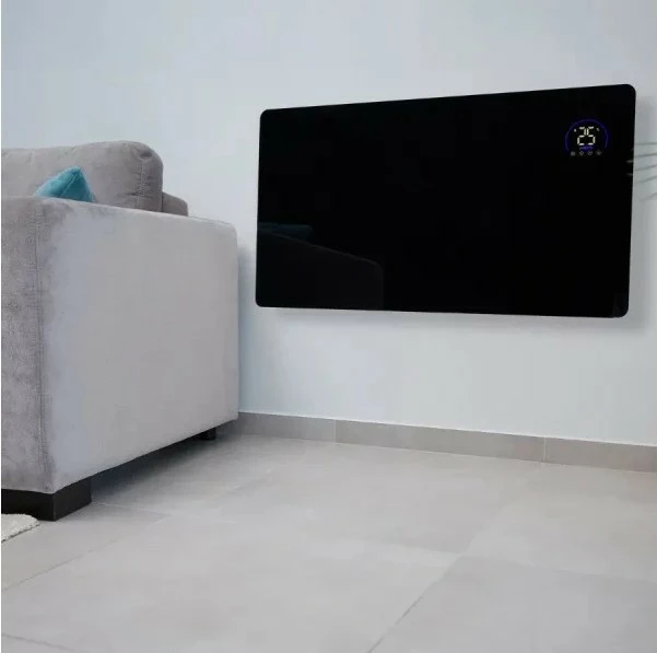 Infrardeči panelni grelec iz stekla, MPM MUG-23, 600 W, Wi‑Fi Tuya, daljinski upravljalnik, LED zaslon, za montažo na steno ali z nogami, črn